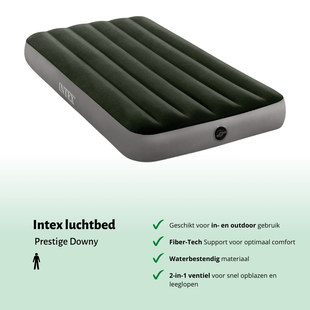 Donkergroen luchtbed met grijze basis en Intex logo. Heeft een ventiel aan de zijkant. Productnaam zichtbaar.