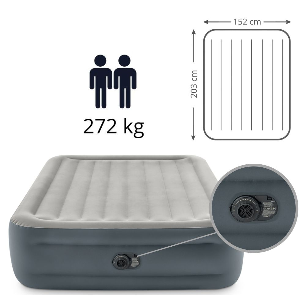 Matelas gonflable gris avec base grise, logo Intex et valve. Diagramme des dimensions et gros plan.