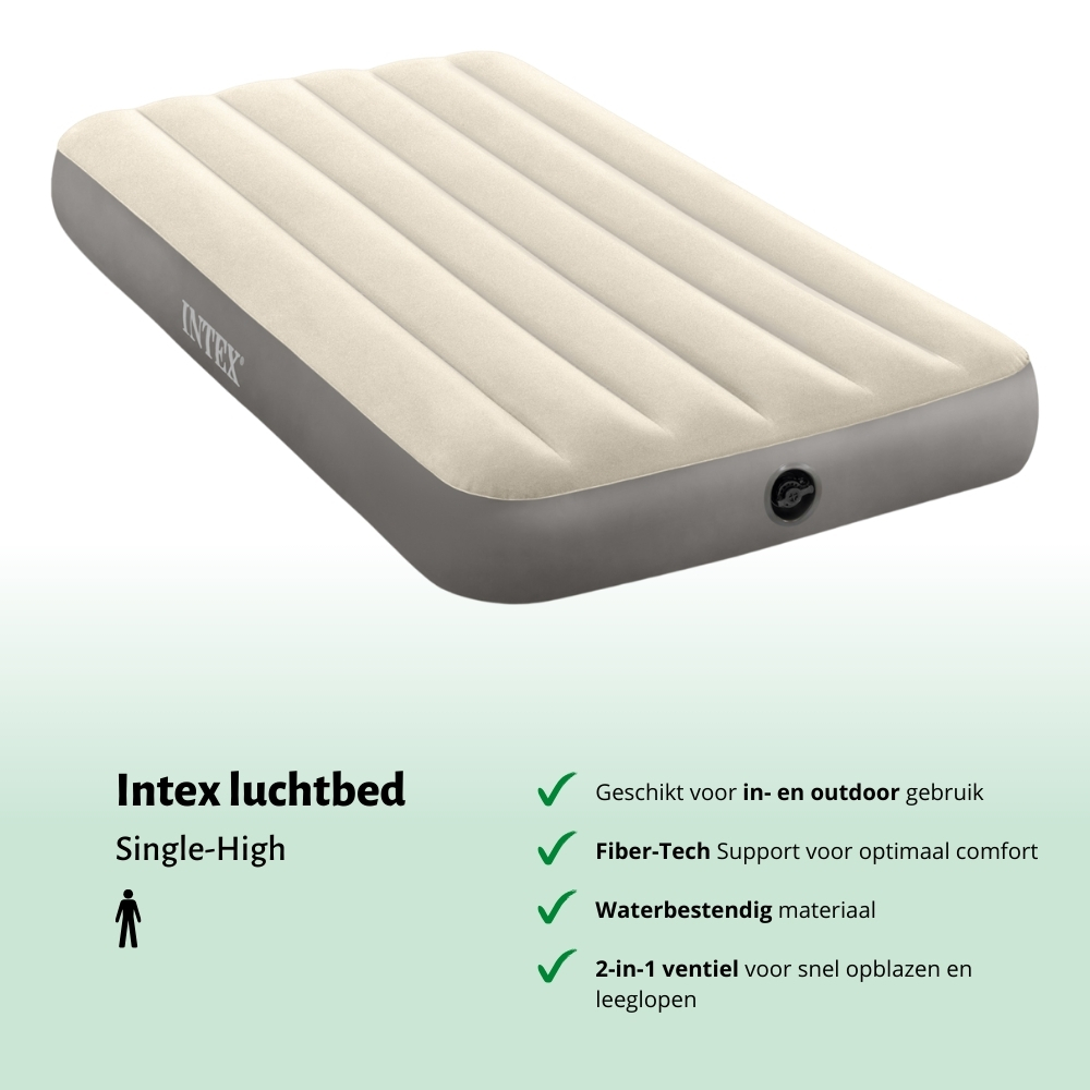 Lit pneumatique crème Intex Single-High. Avec valve et logo. Fond blanc et vert.