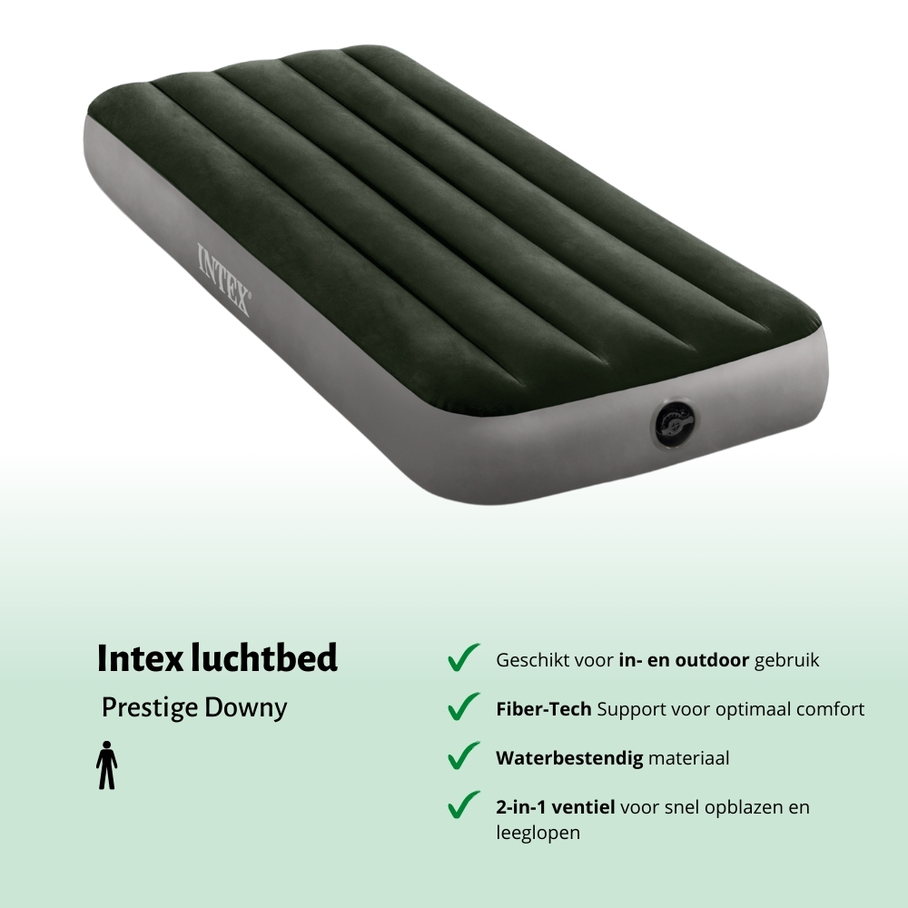 Donkergroen Intex Prestige Downy luchtbed. Met ventiel en logo. De achtergrond is wit en groen.