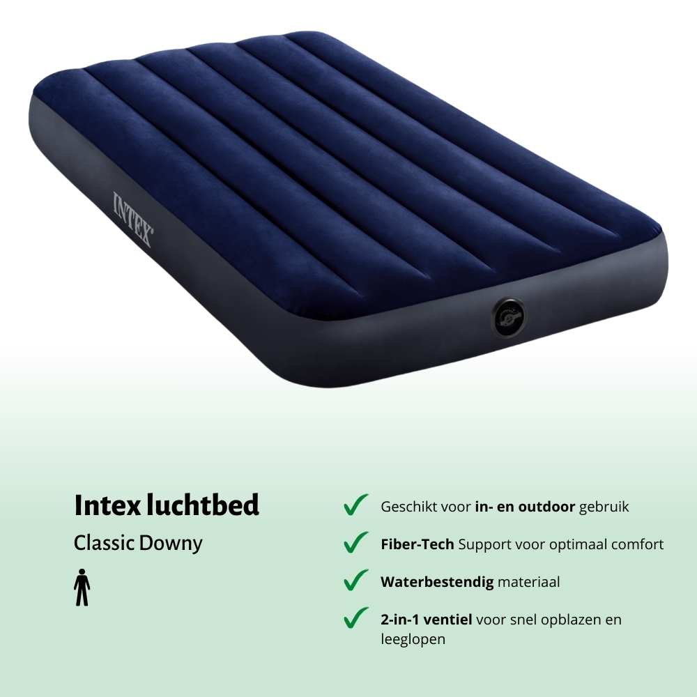 Matelas gonflable bleu avec base grise et logo Intex. Valve latérale. Nom du produit visible.