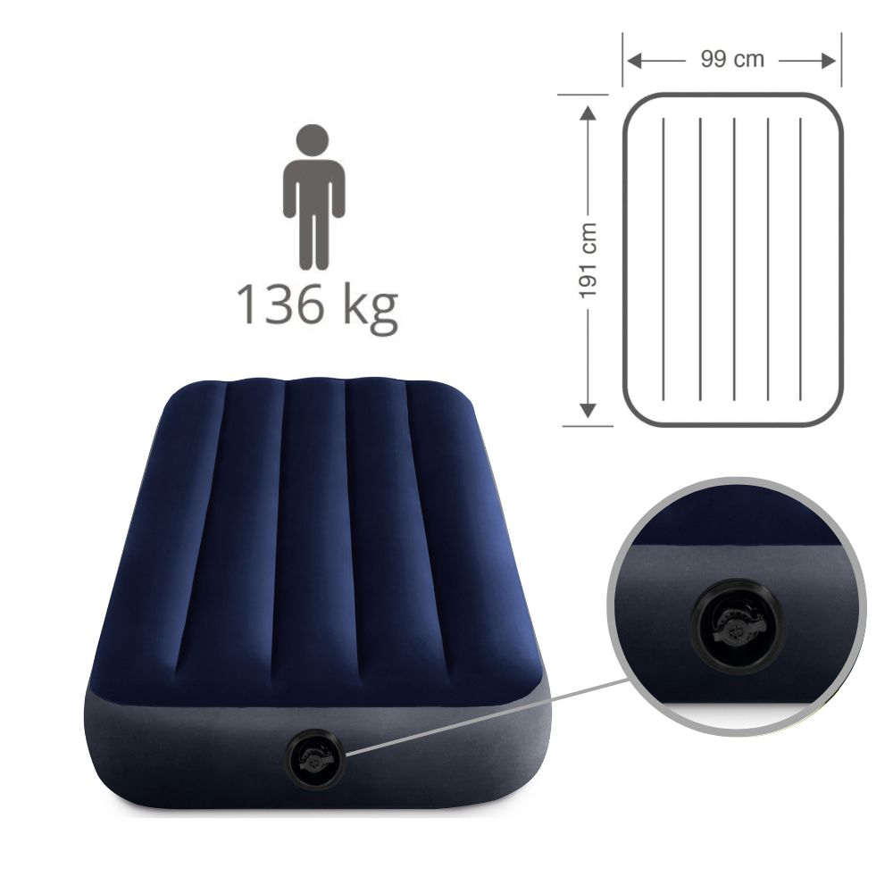 Matelas gonflable bleu avec base grise. Diagramme montre la taille et la valve. Capacité de poids.