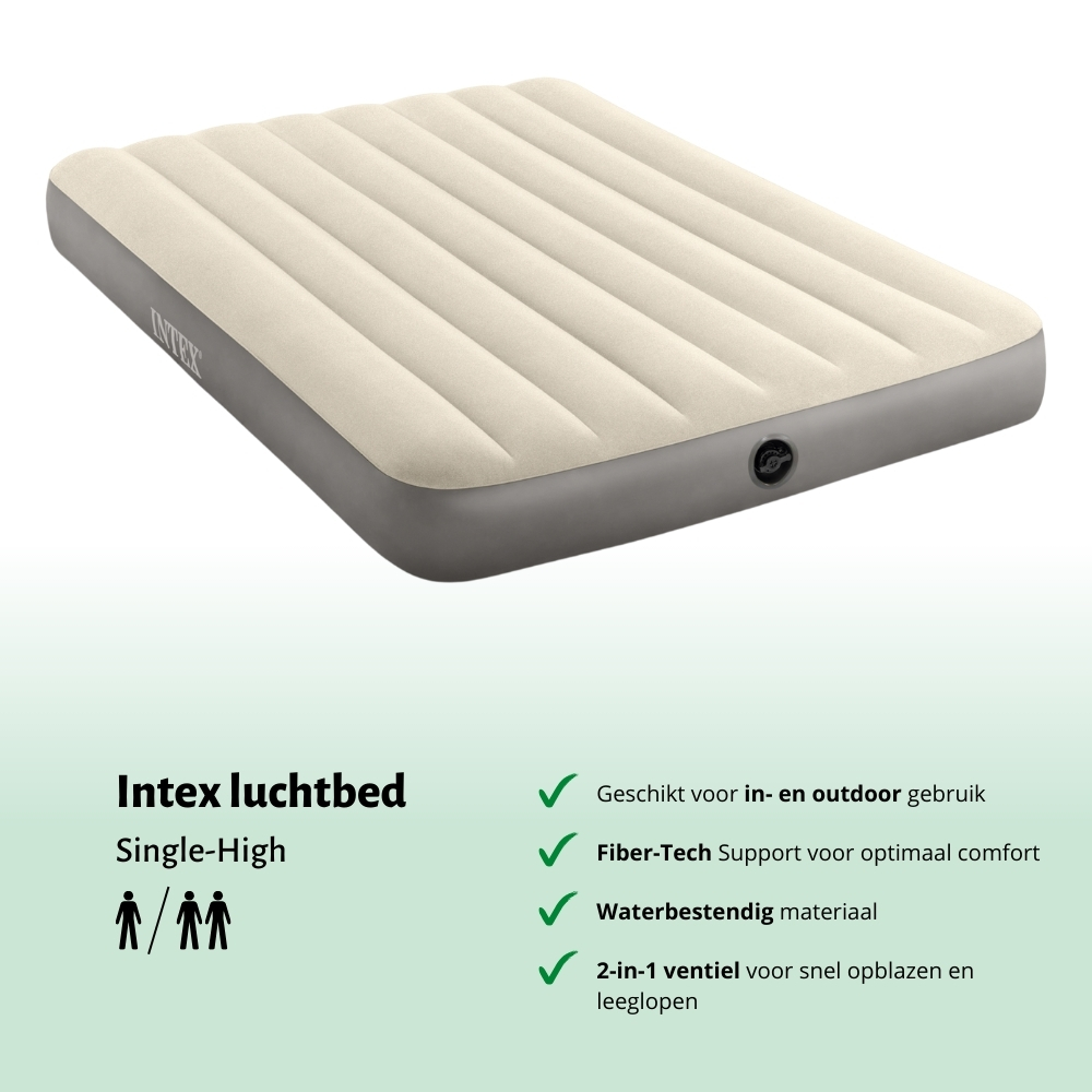 Matelas gonflable crème avec base grise. Dessus crème, base grise et logo Intex. Pour deux personnes.