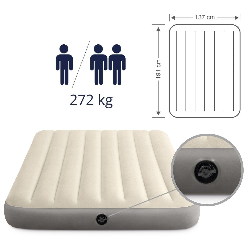 Matelas gonflable crème avec base grise. Capacité de poids, diagramme et gros plan de la valve. Pour deux.