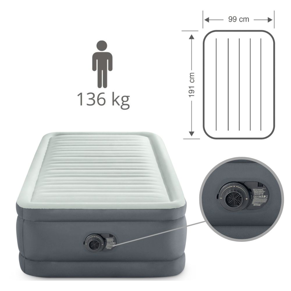 Een Intex luchtmatras met een capaciteit van 136 kg en afmetingen rechts in de afbeelding.