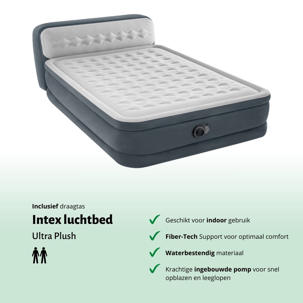 Intex Ultra Plush luchtbed, donkergrijs, met witte bovenkant. Inclusief draagtas. Voor binnengebruik.