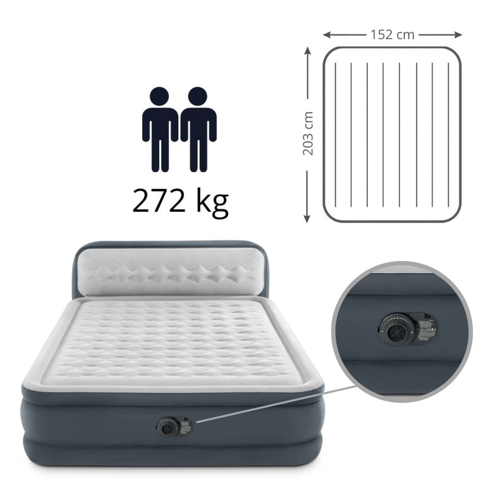 Een Intex luchtbed met een persoon pictogram, met een draagvermogen van 272 kg en afmetingen. Toont een pompdetaill.