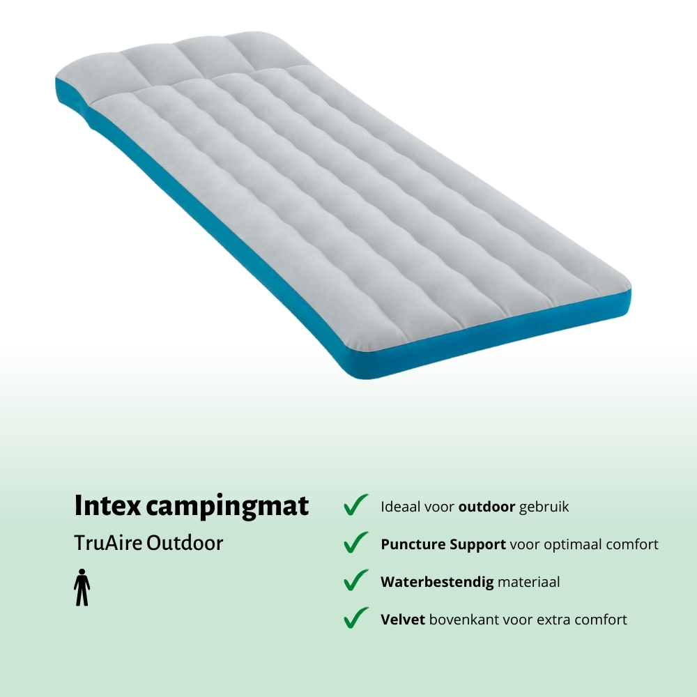 Grey and blue camping mat. It is ideal for outdoor use, puncture support, and waterproof.