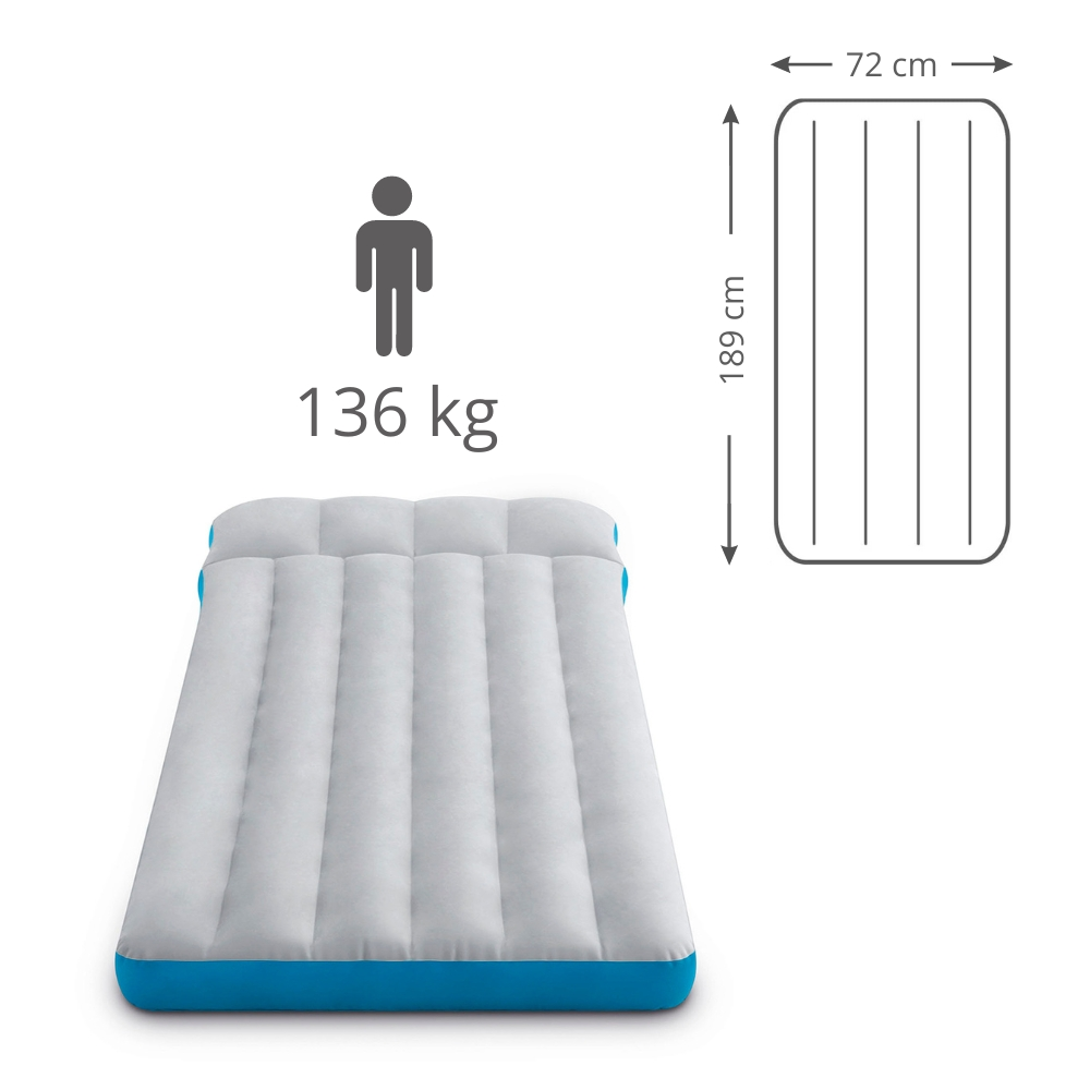 White and blue airbed. Features a diagram of the bed's measurements. The background is white and green.