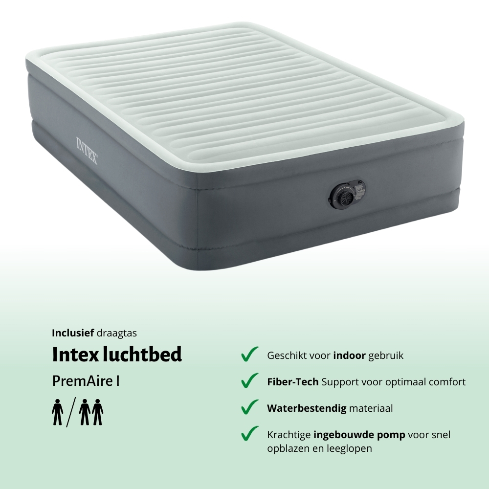 Gray and white Intex PremAire I airbed. Features a built-in pump and is suitable for indoor use.