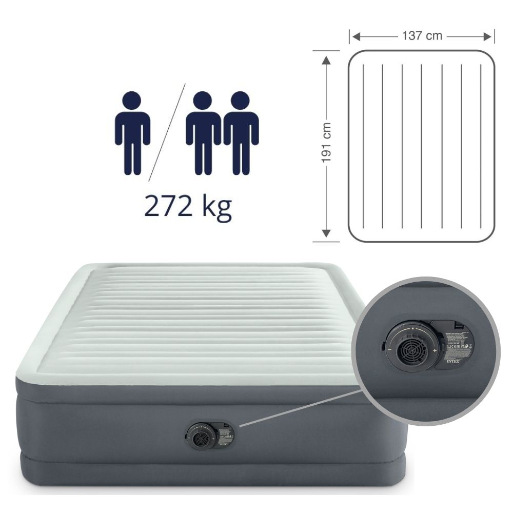Gray and blue Intex airbed. With a diagram, close-up of valve, and logo. Background is white and green.
