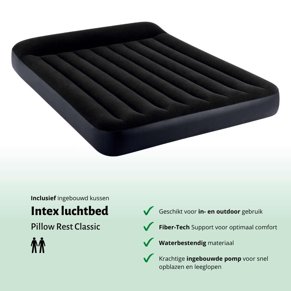 Black Intex Pillow Rest Classic airbed. Features an air valve and logo. The background is white and green.
