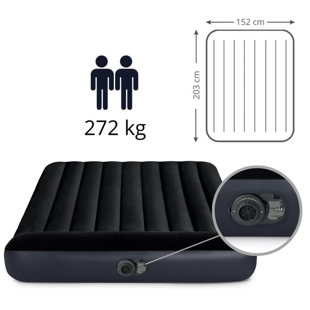 Black airbed with dimensions 203x152 cm. Shows a built-in pump and 272 kg capacity.