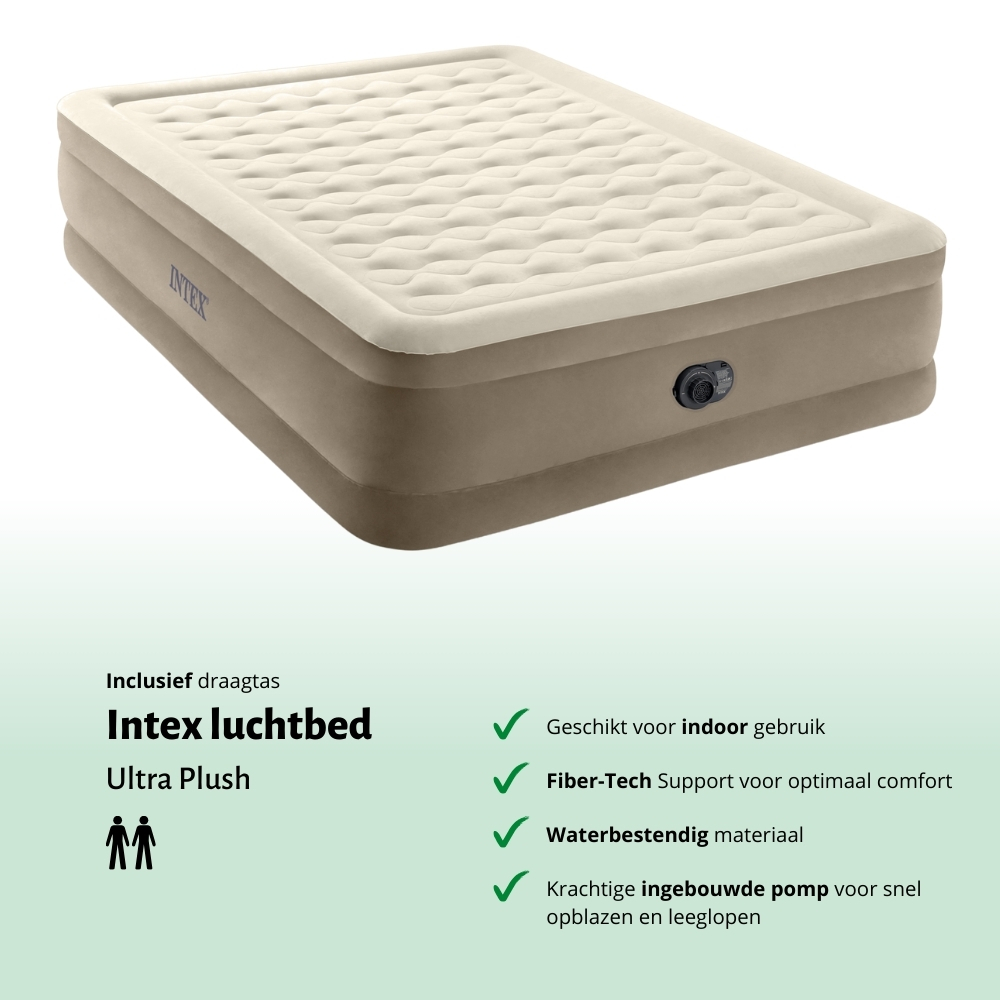 Beige Intex Ultra Plush luchtbed. Met ingebouwde pomp en geschikt voor binnengebruik.