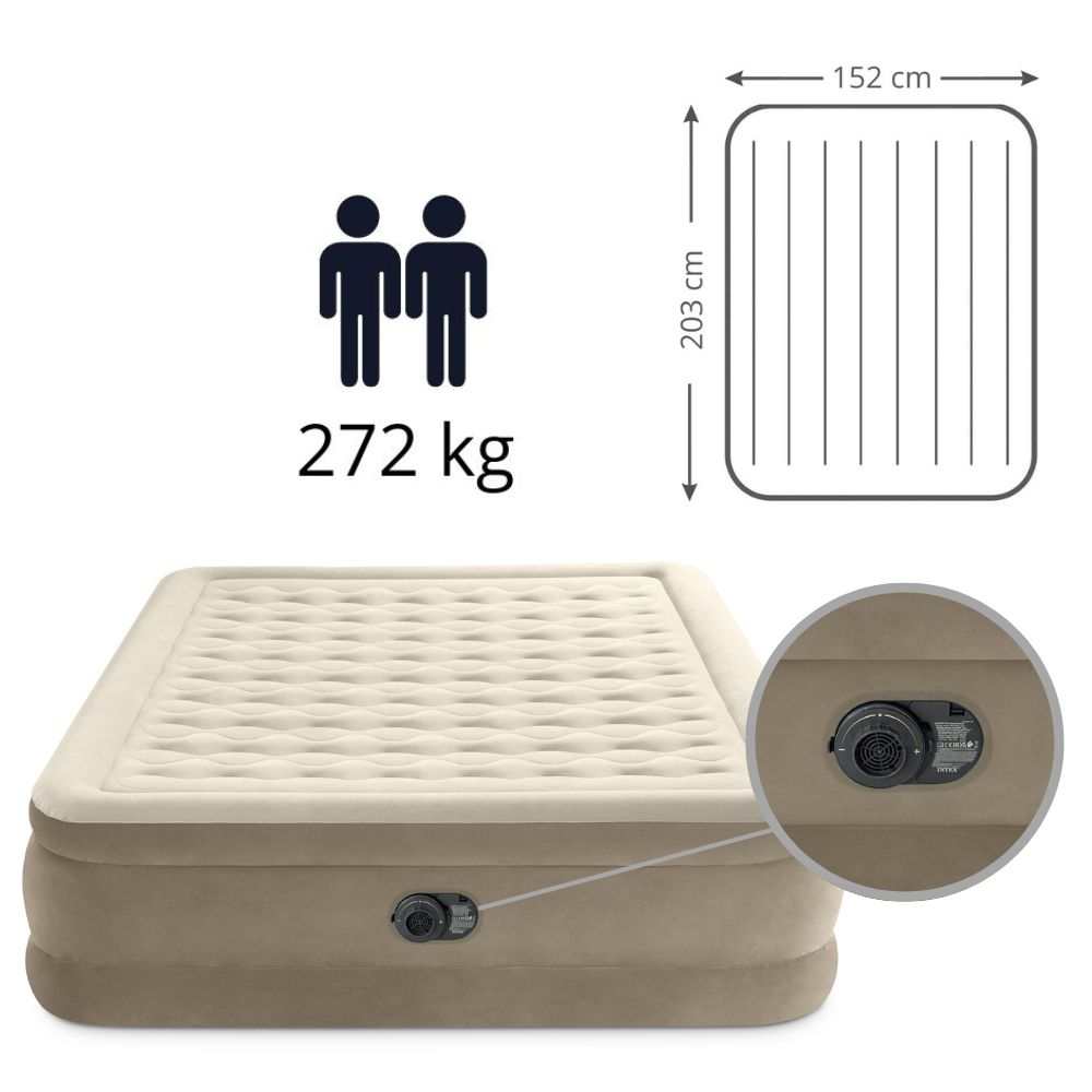Een Intex luchtbed met een persoon pictogram, met een draagvermogen van 272 kg en afmetingen. Beige kleur.