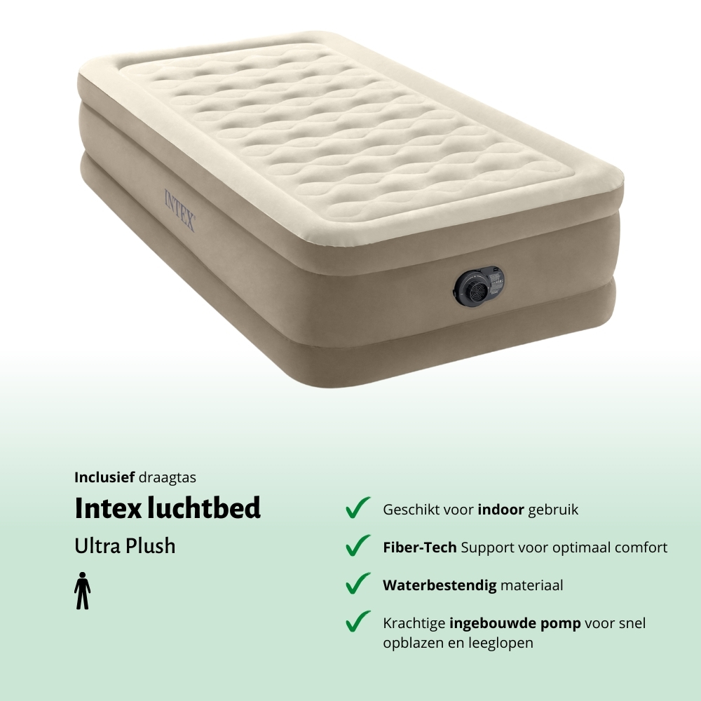 Lit pneumatique beige Intex Ultra Plush. Avec valve et logo. Fond blanc et vert.