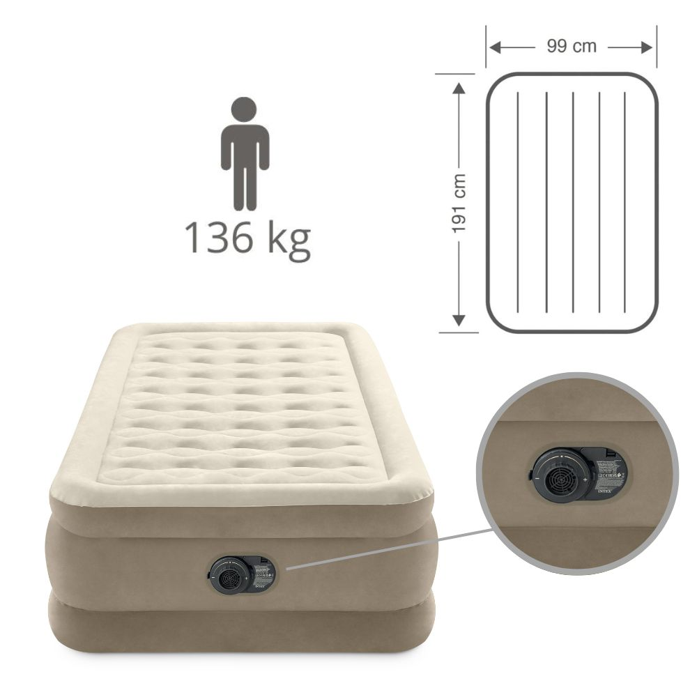 Lit pneumatique beige Intex avec dimensions et schéma. Gros plan sur la valve. Fond blanc.