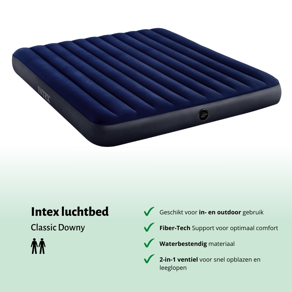 Lit gonflable Intex bleu marine. Surface rainurée, bord noir. Logo et texte visibles.