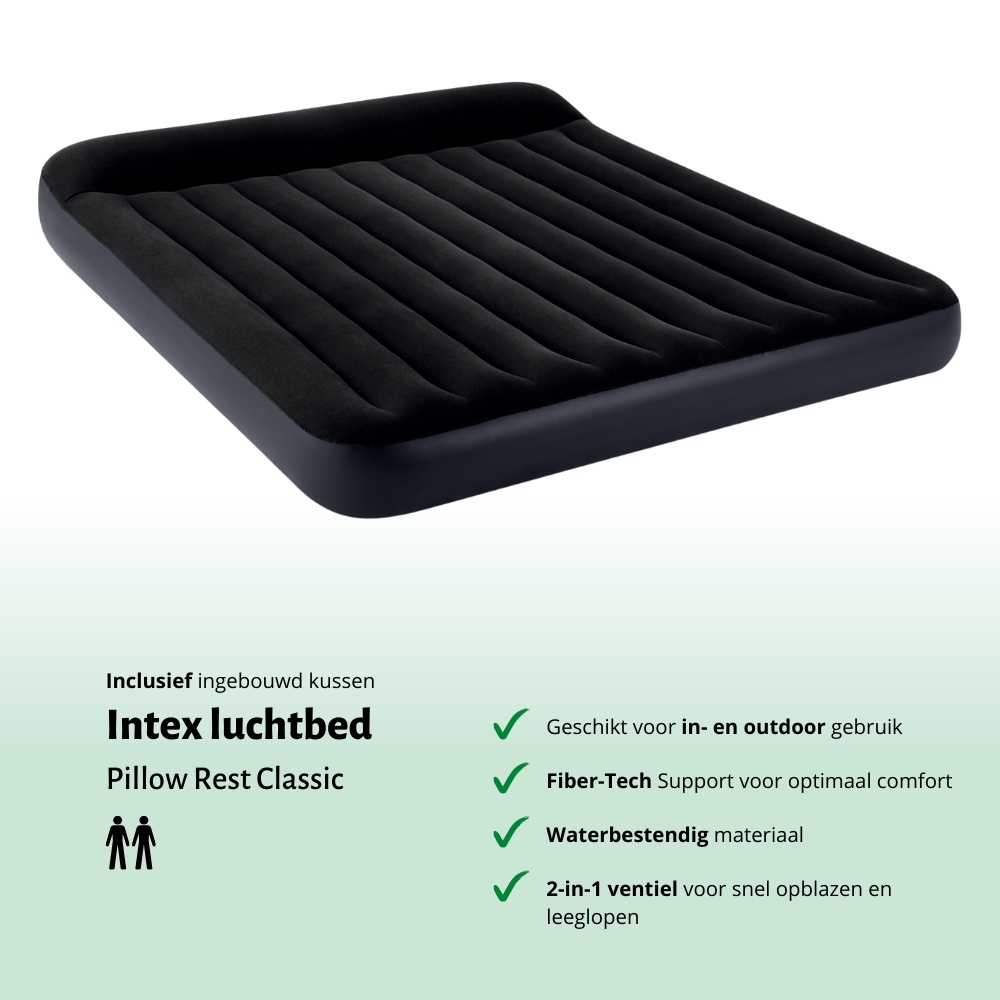 Black Intex airbed with ridged surface and black border. Text and logo are visible. It has a built-in pillow.