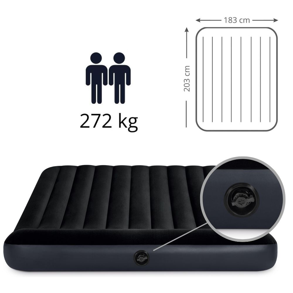 Black airbed with dimensions and capacity shown. The valve is shown in detail. The airbed is on a white background.