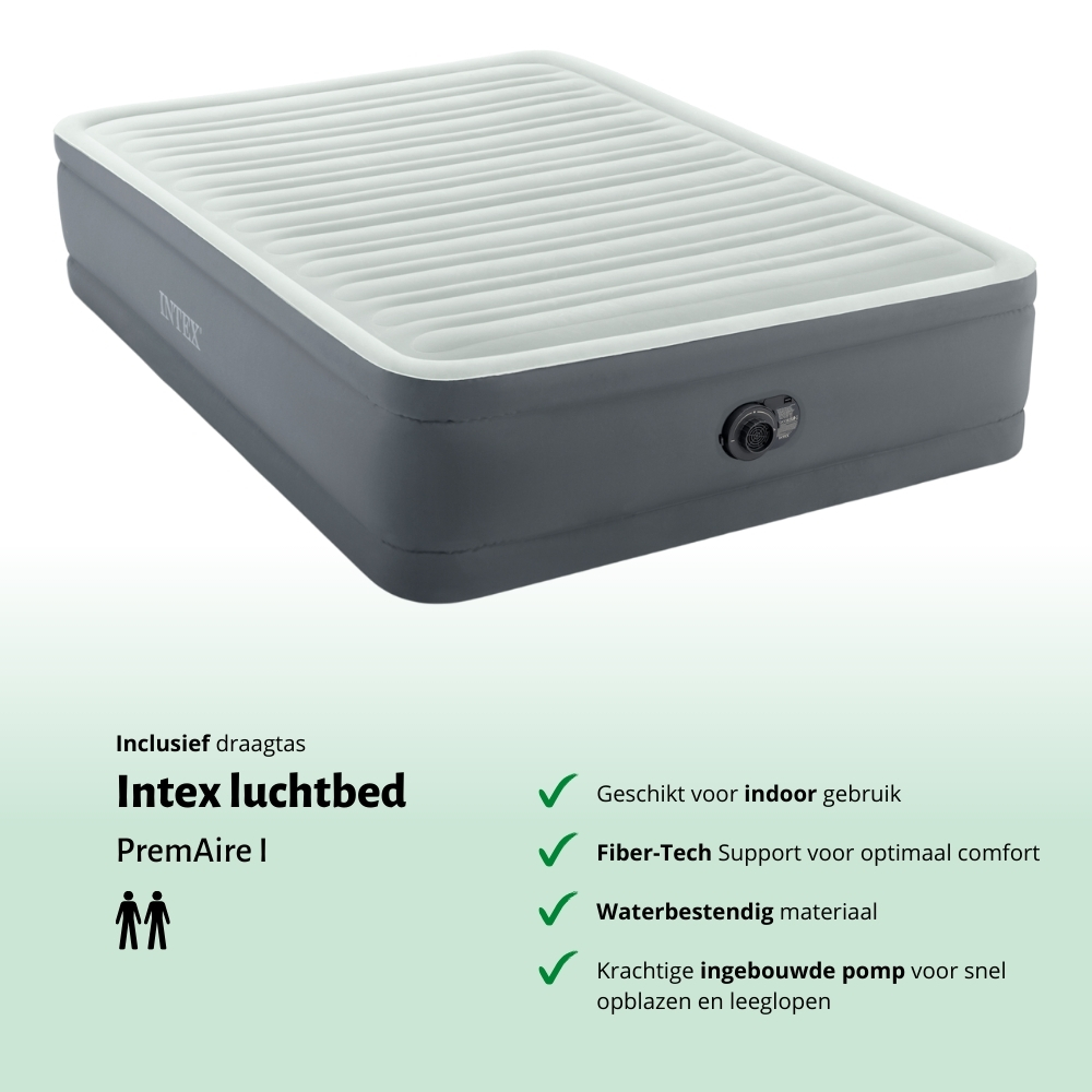 Grijs en wit luchtbed met draagtas, voor gebruik binnenshuis en Fiber-Tech-ondersteuning.