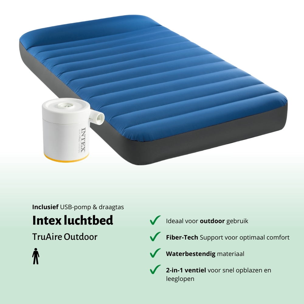 Blauw Intex luchtbed met een USB-pomp. Ideaal voor buitengebruik en waterdicht.