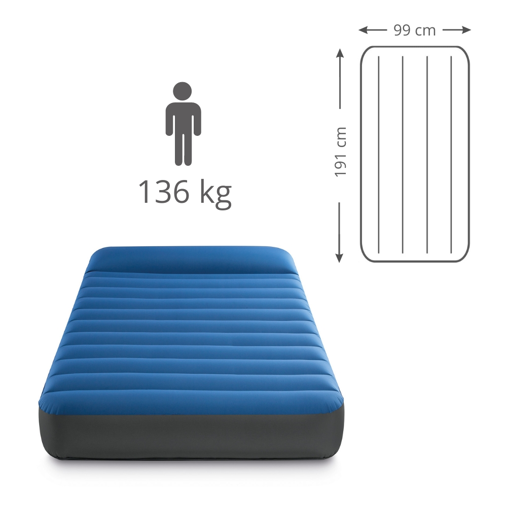 Blauw luchtbed met zwarte basis en afmetingen.