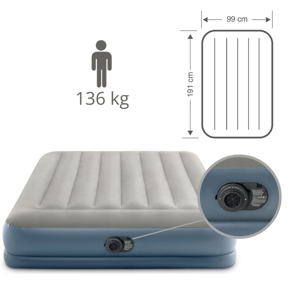 Matelas gonflable avec dimensions et icône de personne, indiquant une capacité de 136 kg. Bleu et gris.
