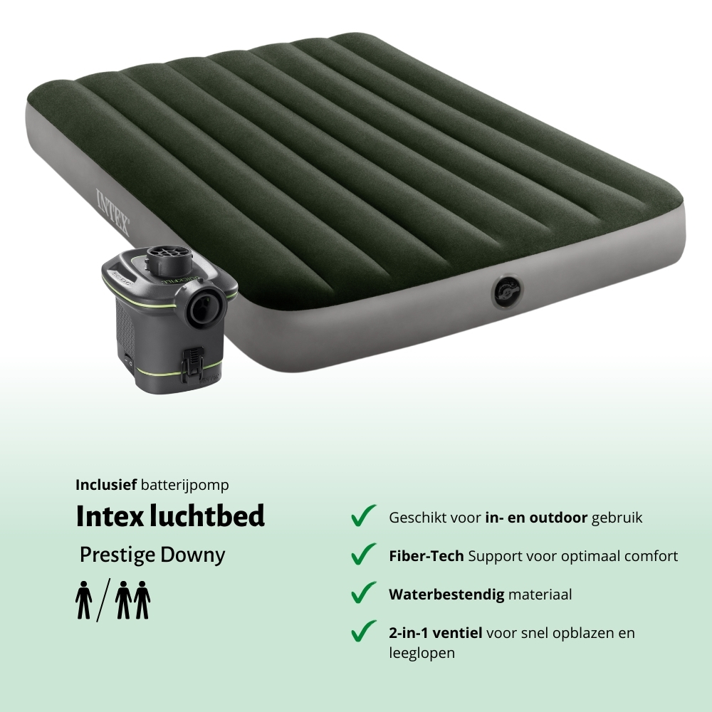 Dark green Intex airbed with black pump. Text below: Intex Prestige Downy. Features: indoor/outdoor use, Fiber-Tech, waterproof, 2-in-1 valve.