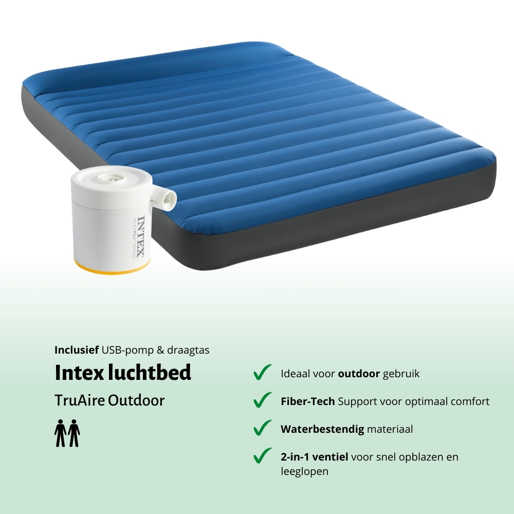 Blue Intex airbed with white pump. Text below: Intex TruAire Outdoor. Features: outdoor use, Fiber-Tech, waterproof, 2-in-1 valve.