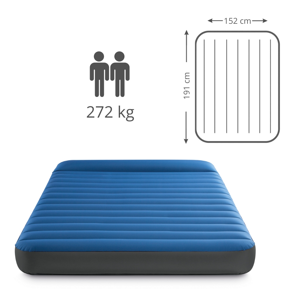 Blue airbed with dimensions 191x152 cm. Features a dark gray bottom and 272 kg capacity.