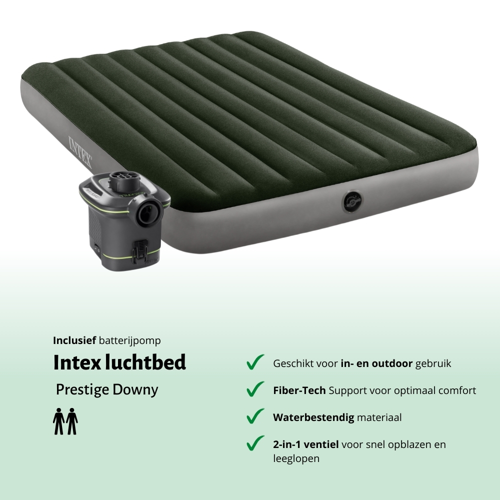 Matelas gonflable Intex Prestige Downy vert avec pompe séparée. Texte : Intex et caractéristiques.