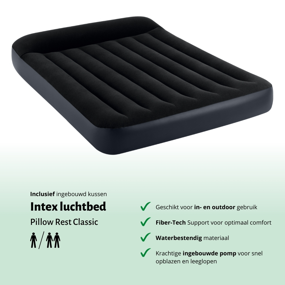 Zwart Intex luchtbed. Tekst eronder: Intex Pillow Rest Classic. Kenmerken: binnen/buiten gebruik, Fiber-Tech, waterdicht, krachtige pomp.