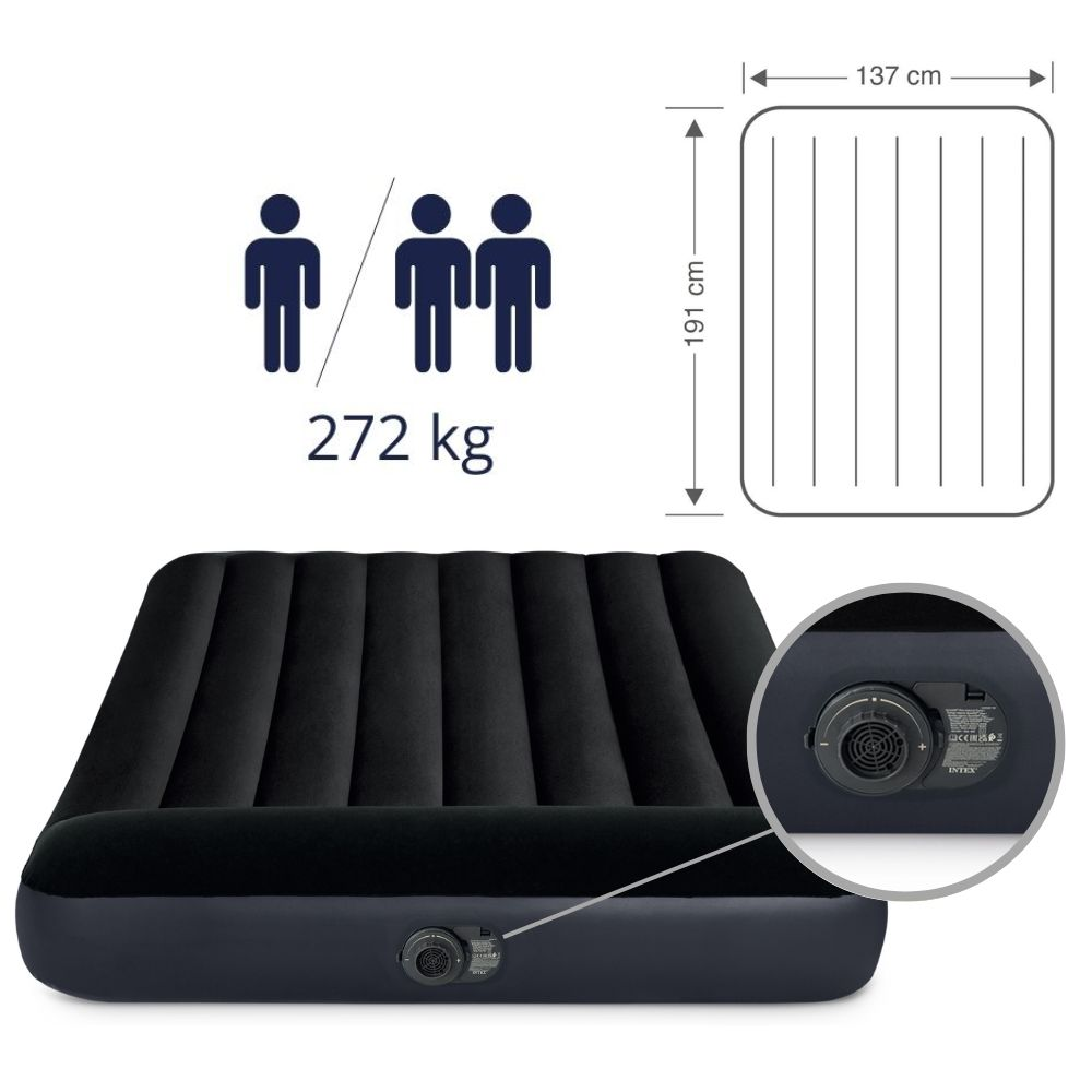 Zwart Intex luchtbed met afmetingen en capaciteitsdetails. Inzet: ventiel- en pompdetails.