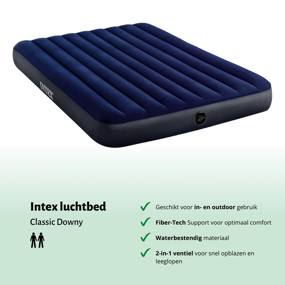 Blauw Intex opblaasbed. Kenmerken: binnen/buiten gebruik, Fiber-Tech, waterdicht, 2-in-1 ventiel.