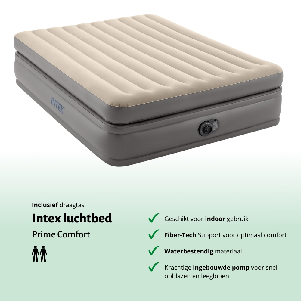 Beige en grijs Intex luchtbed. Kenmerken: binnengebruik, Fiber-Tech, waterdicht, krachtige pomp.