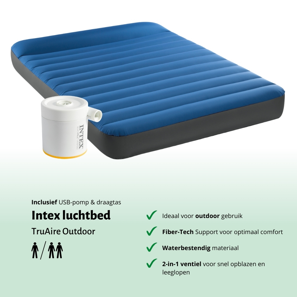Blue Intex airbed with white pump. Text below: Intex TruAire Outdoor. Features: outdoor use, Fiber-Tech, waterproof, 2-in-1 valve.