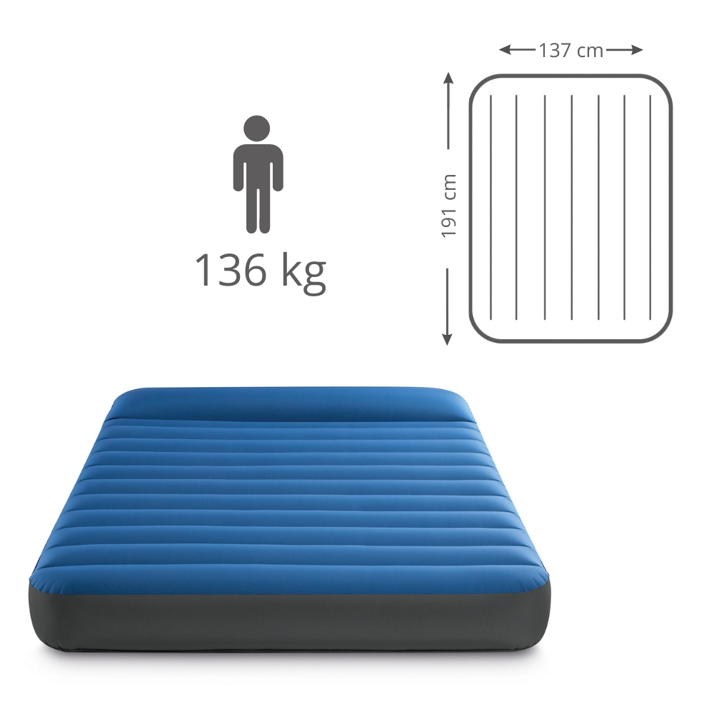 Blue air mattress with dimensions and person icon with text 136 kg. No pump visible.