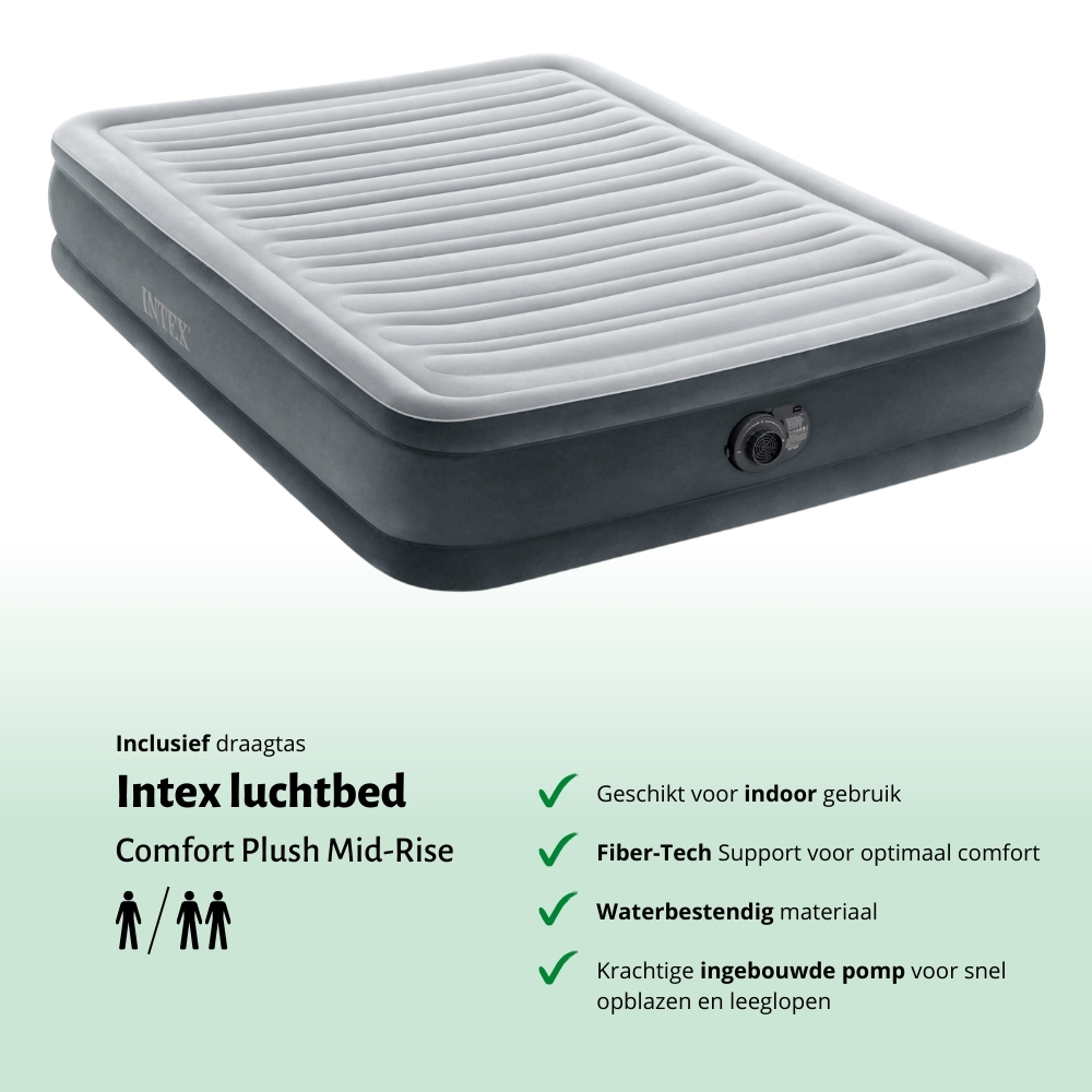 Matelas gonflable Intex Comfort Plush Mid-Rise gris avec dessus blanc, bord noir. Texte : Intex et caractéristiques.