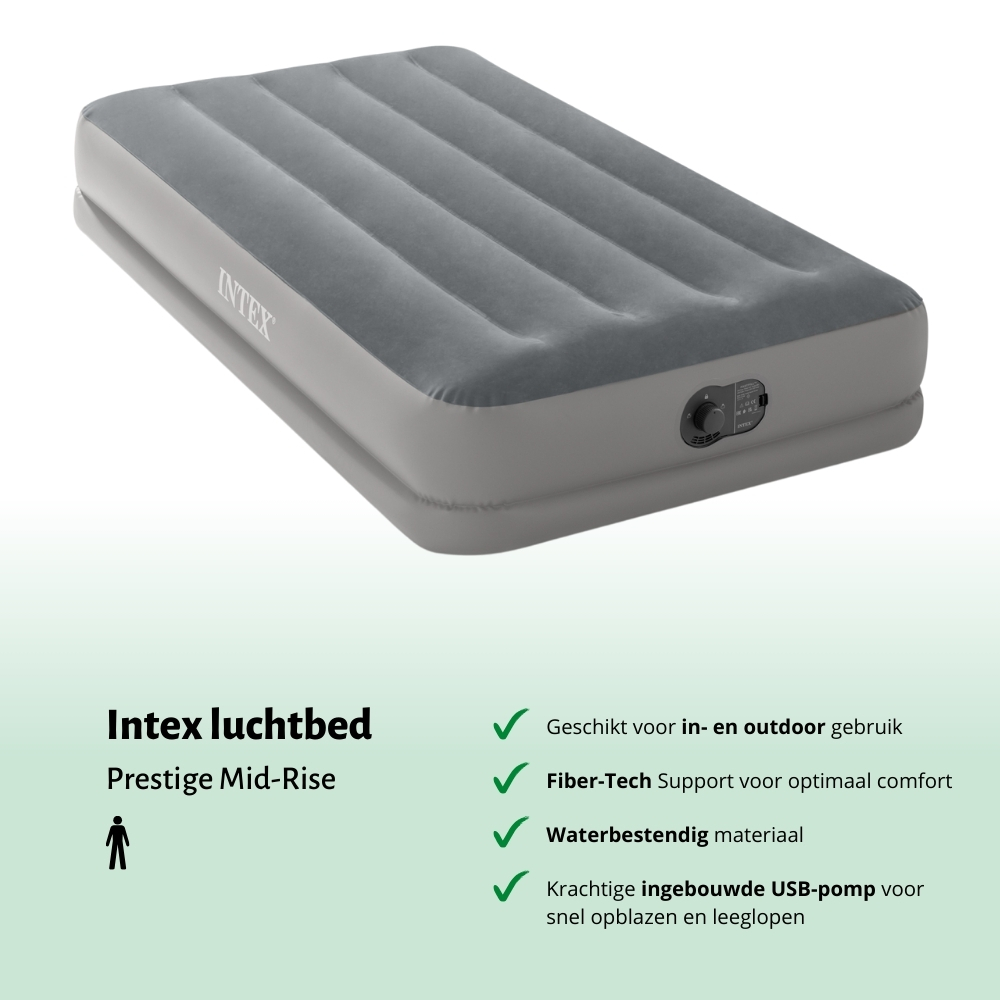 Lit gonflable Intex gris. Possède une pompe intégrée. Le produit s'appelle Prestige Mid-Rise.