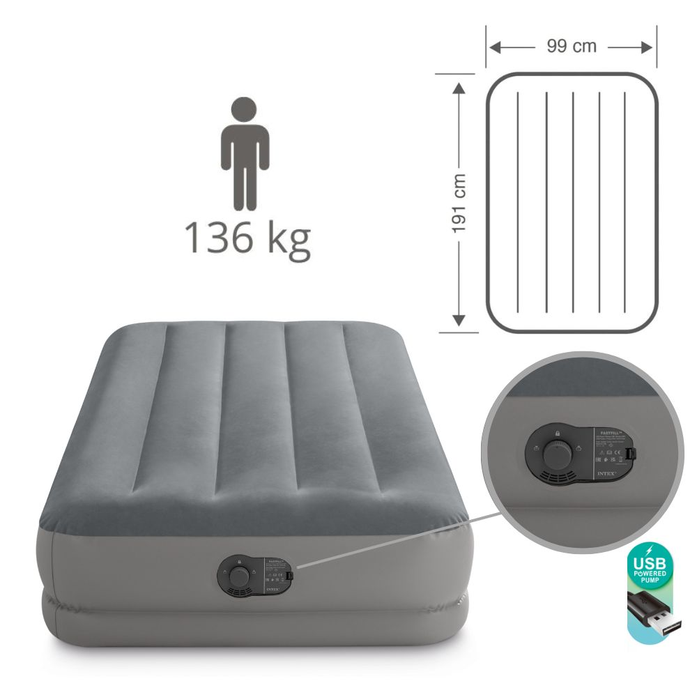 Matelas gonflable gris avec dimensions et icône de personne avec texte 136 kg. Gros plan de la pompe.