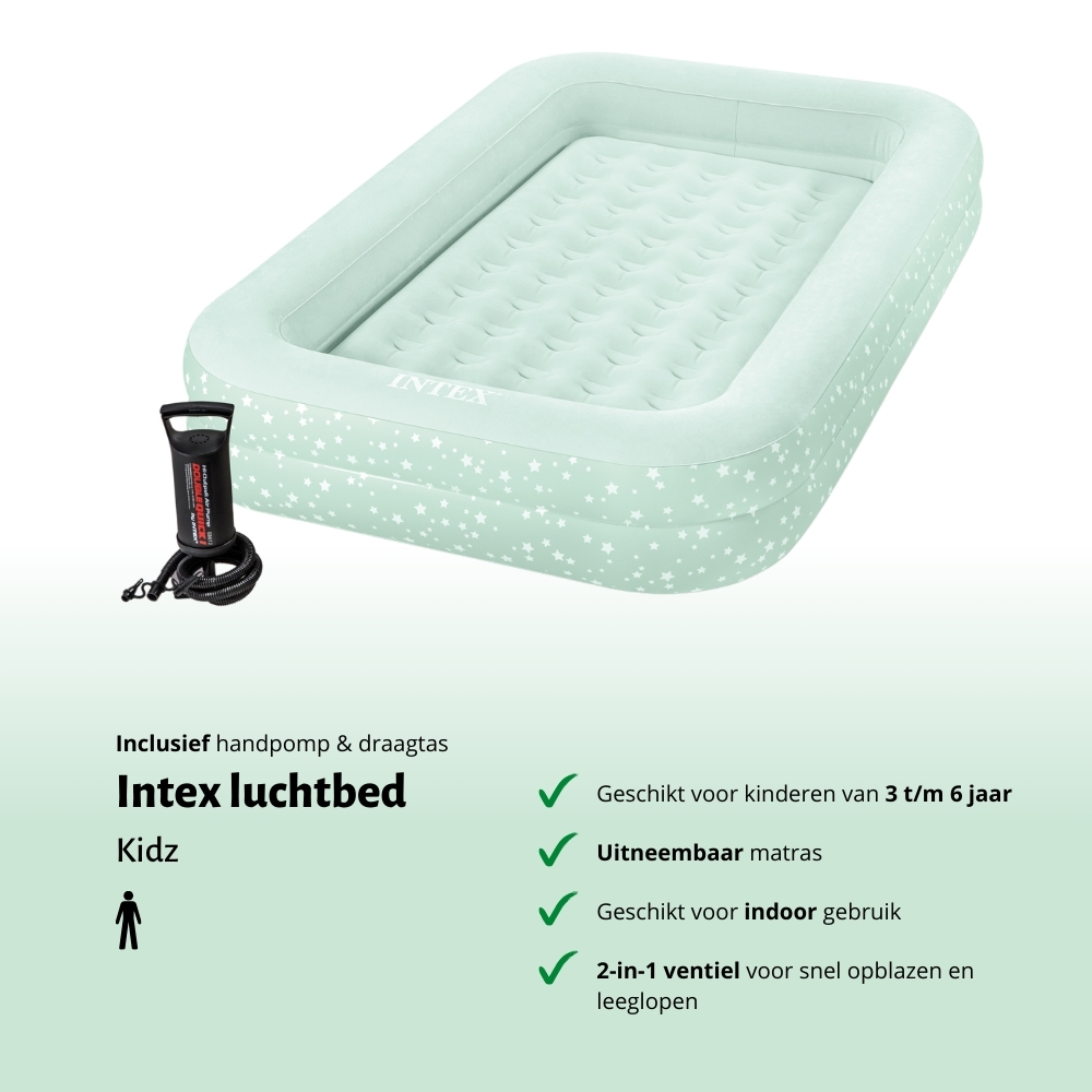 Mint green Intex airbed with pump. Text below: Intex Kidz. Features: for kids 3-6, removable mattress, indoor use, 2-in-1 valve.