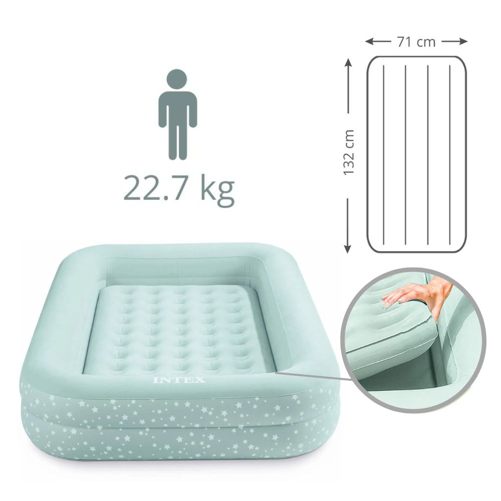Mint green Intex airbed for kids with dimensions details. Inset: airbed corner details.