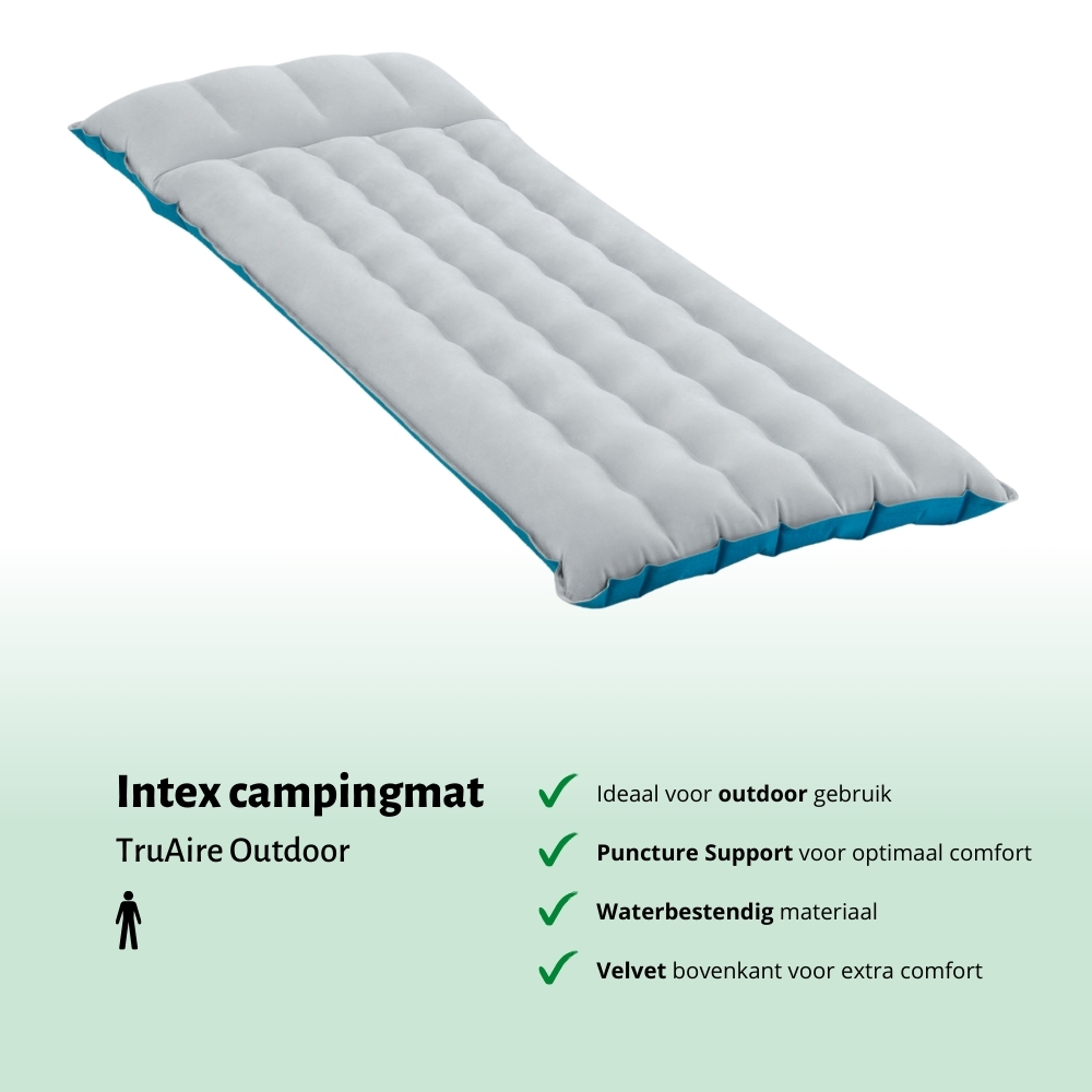 Grijze en blauwe Intex campingmat. Tekst eronder: TruAire Outdoor. Kenmerken: outdoor gebruik, puncture support, waterdicht, velours bovenkant.