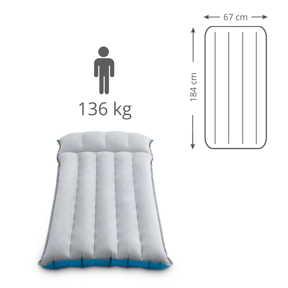 Grijs en blauw Intex campingmat met afmetingen.
