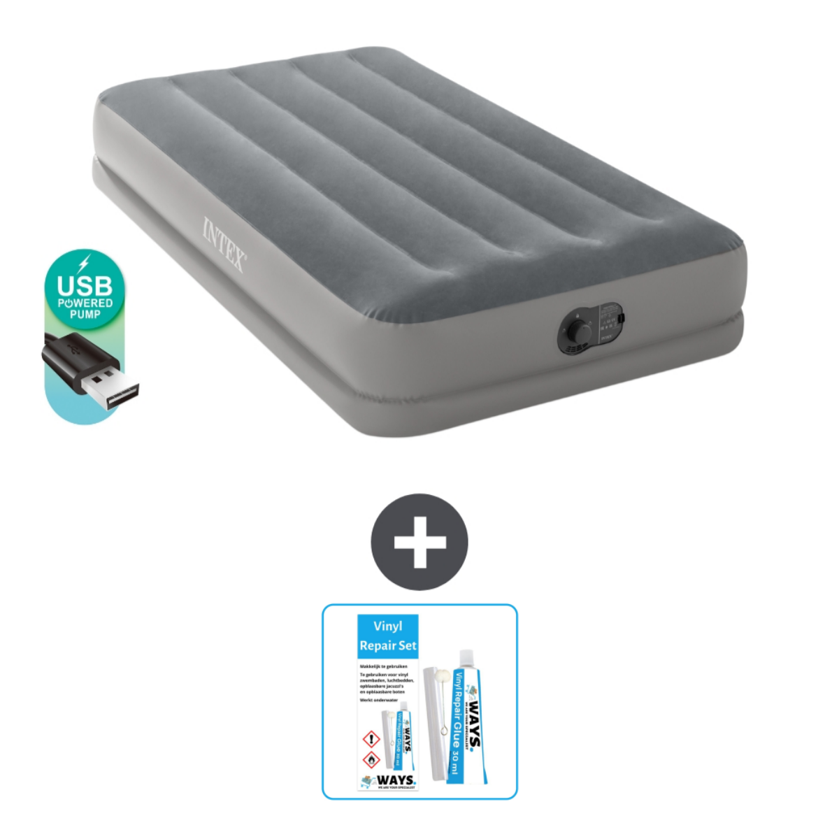 Grijs opblaasbaar luchtbed met een USB-pomp en reparatieset. Witte achtergrond.