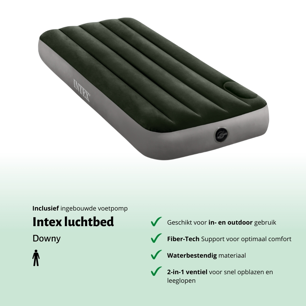 Dark green Intex airbed. Has a built-in foot pump. The product is called Downy.