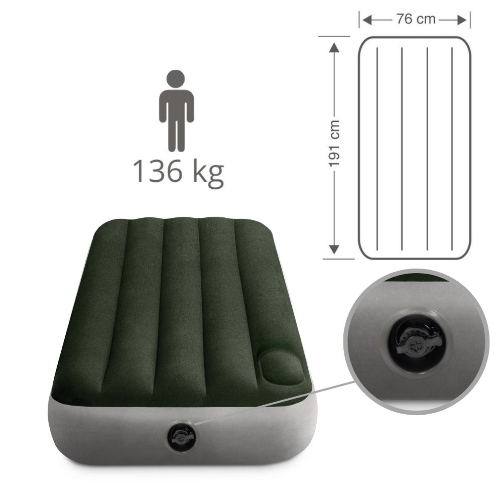 Dark green Intex airbed. Displays dimensions and weight capacity: 136 kg.