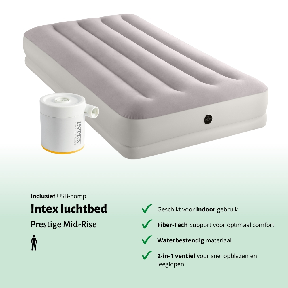 Gray Intex Prestige Mid-Rise air mattress with a detached pump. Text: Intex, and features.