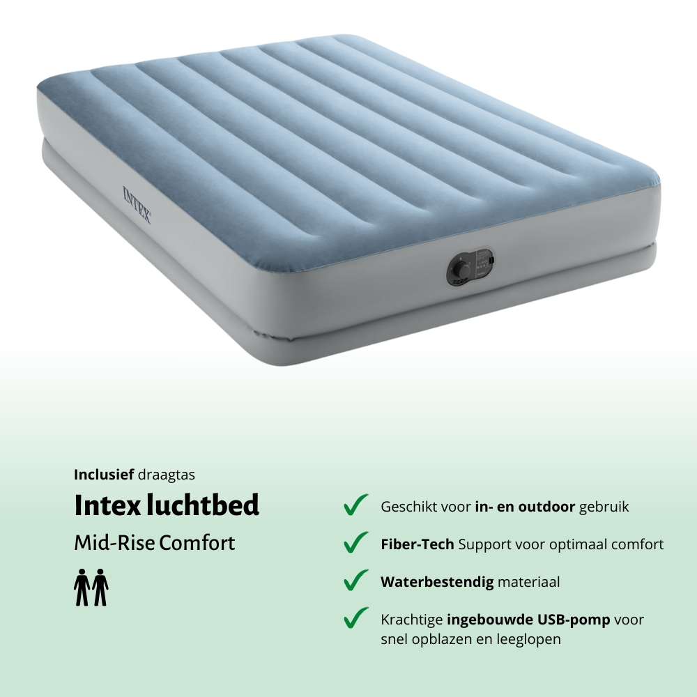 Matelas gonflable Intex Mid-Rise Comfort bleu. Texte : Intex et caractéristiques.